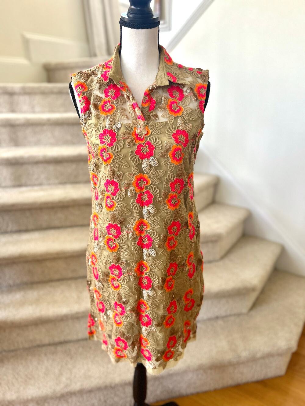 Tan Embroidered Neon Pink Orange Gold Sequin Floral Indian Kameez